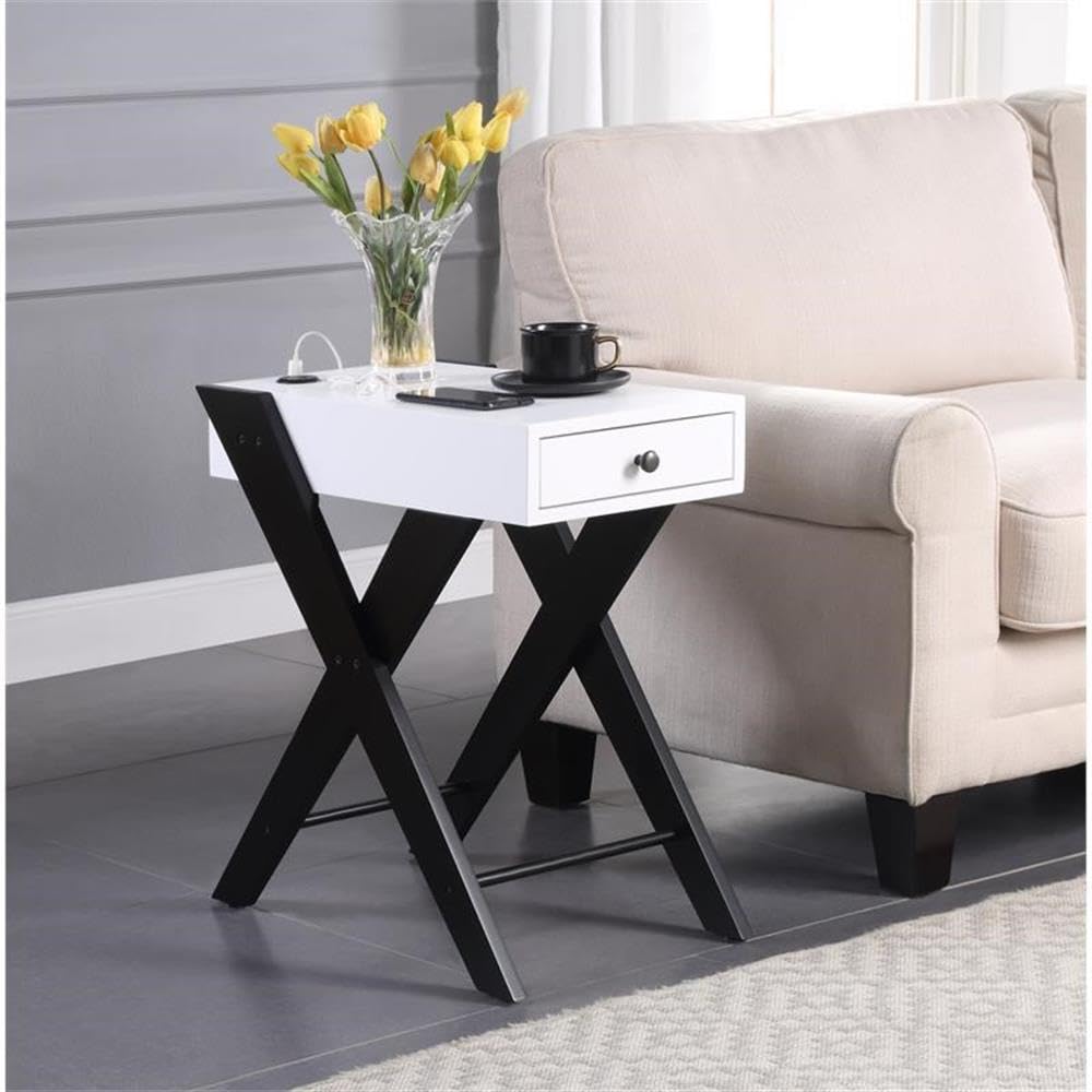 Acme Fierce Wooden Side Table With Usb Charging Dock In White And Black