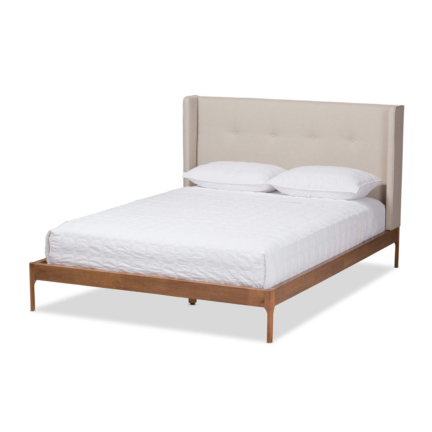 Baxton Studio Brooklyn Mid-Century Modern Walnut Wood Beige Fabric King Size Platform Bed/Light Beige/Mid-Century/Fabric Polyester 100%'/MDF/LVL/Rubber Wood/Foam