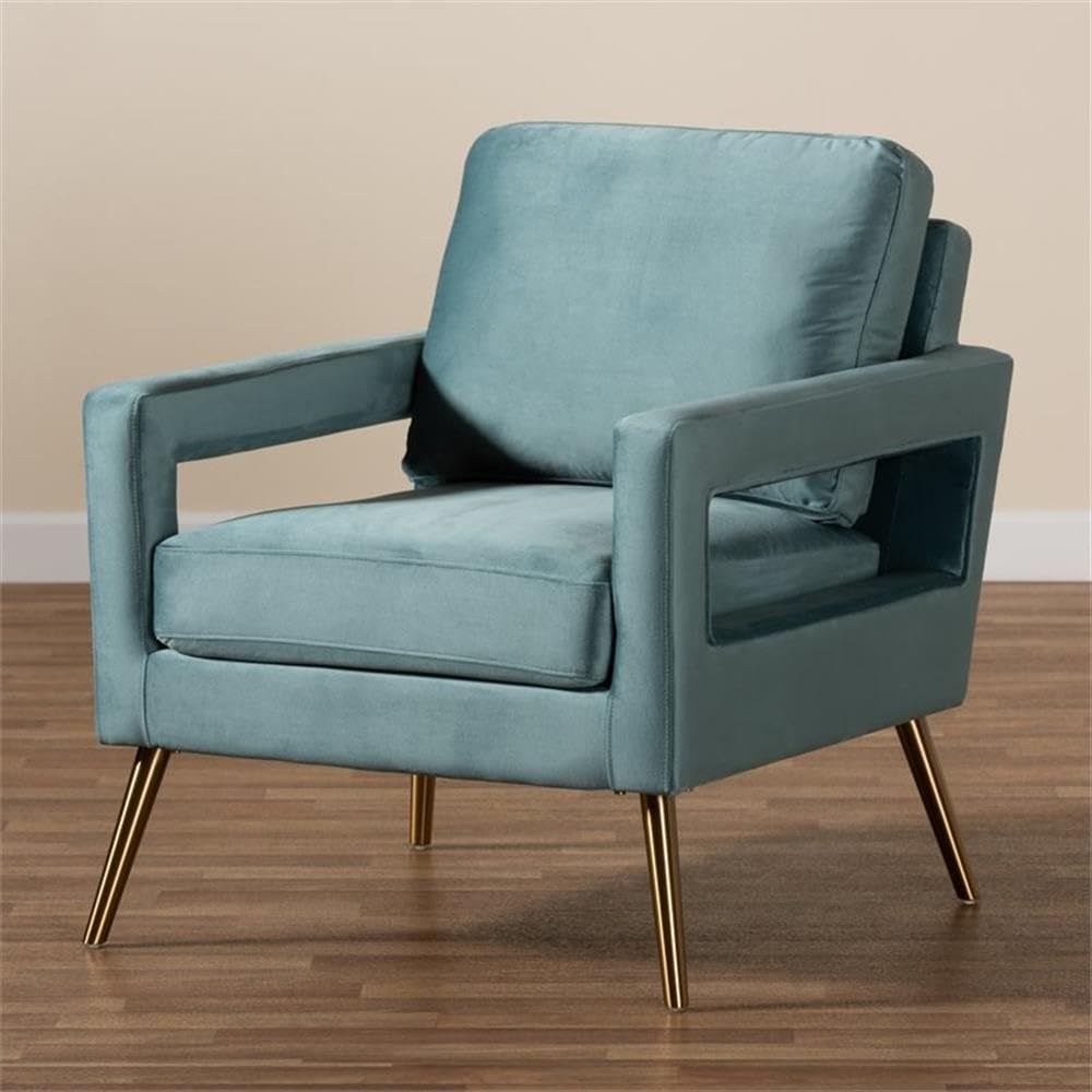 Baxton Studio Leland Glam and Luxe Light Blue Velvet Fabric Upholstered and Gold Finished Armchair