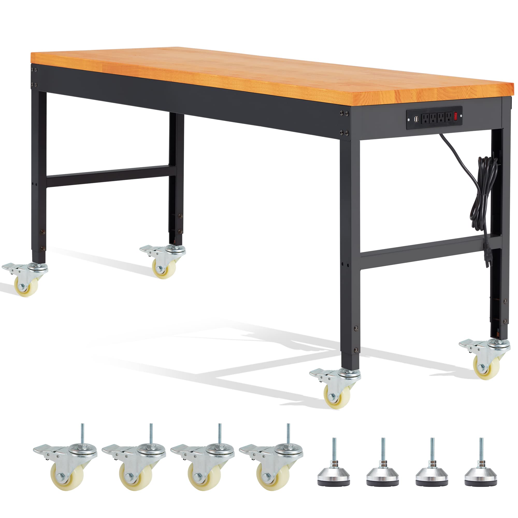 Habutway Height Adjustable Workbench With Wheels 60' 2000 Lbs Capacity Oak Wood Work Station Heavy-Duty Rolling Work Tables For Garage Party Shop Office