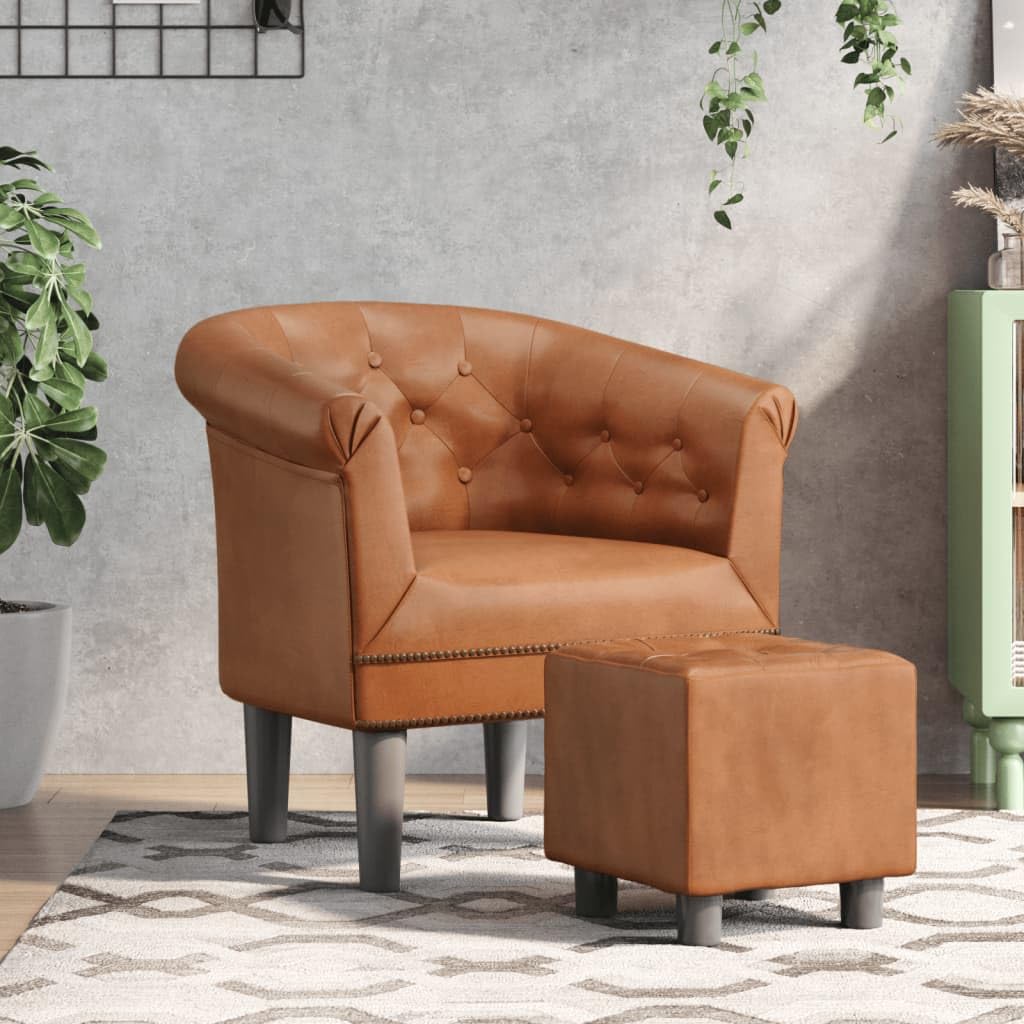 vidaXL Brown Faux Leather Tub Chair with Footstool - Modern Seating Solution for Living Room, Bedroom, Guest Room or Home Office