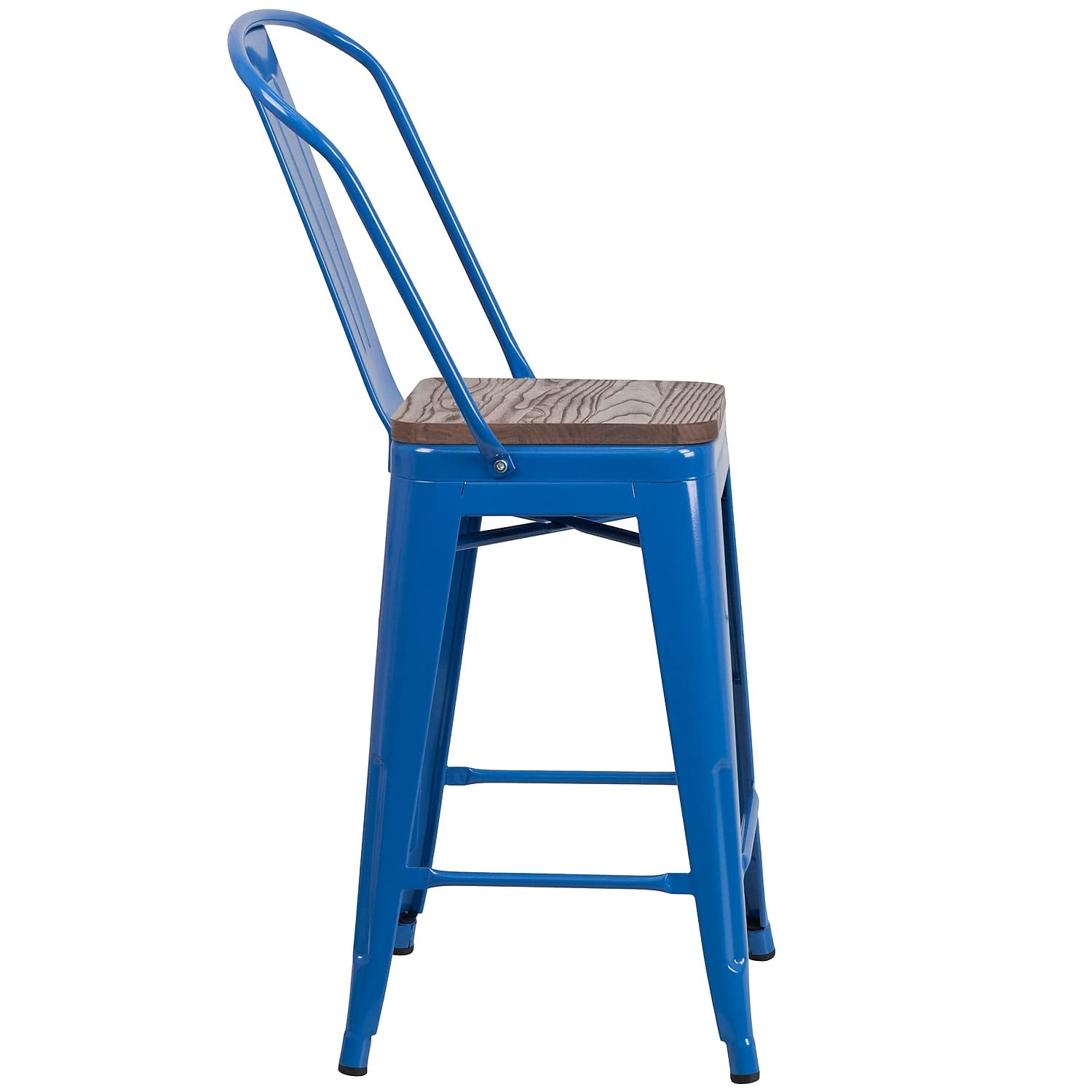 Flash Furniture Lily 24' High Blue Metal Counter Height Stool With Back And Wood Seat