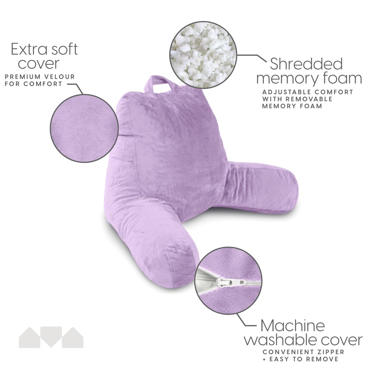 Milliard Reading Pillow With Shredded Memory Foam, Large Adult Backrest With Arms, Back Support For Sitting Up In Bed With Washable Cover (Sit Up Pillow) (Lavender)