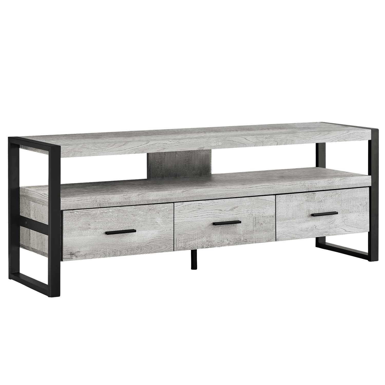 Monarch Specialties Tv Stand-Console With 3 Drawers And Shelves-Industrial Modern Style Entertainment Center With Metal Legs, 60&quot; L, Grey Reclaimed Wood Look