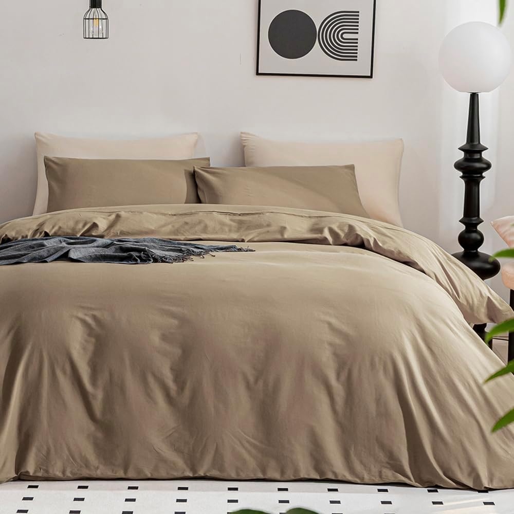 Jellymoni Khaki Duvet Cover Twin Size - 100% Washed Cotton Linen Feel Textured Comforter Cover, 2 Pieces Breathable Soft Bedding