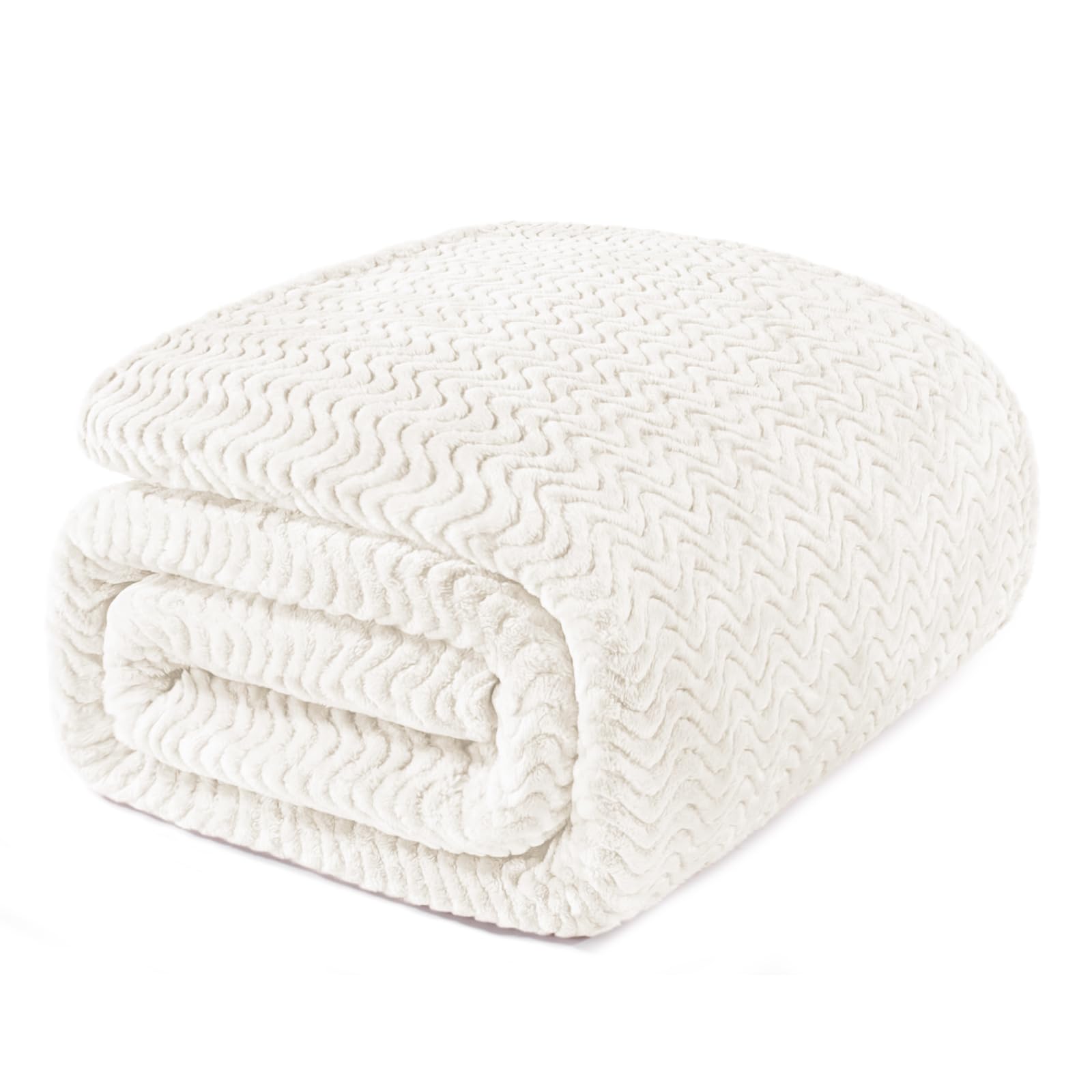 Exclusivo Mezcla Off White Fleece Twin Size Blanket For Bed, Super Soft Cozy Blankets With Decorative Wave Textured, Lightweight
