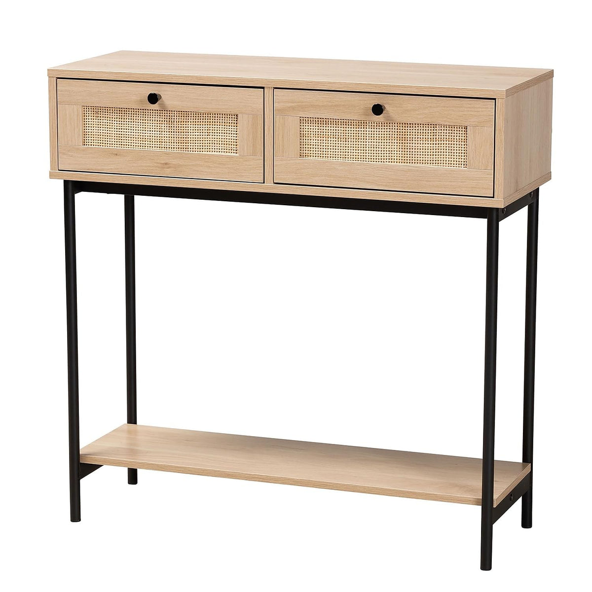 Baxton Studio Sherwin Midcentury Modern Light Brown And Black 2Drawer Console Table With Woven Rattan Accent