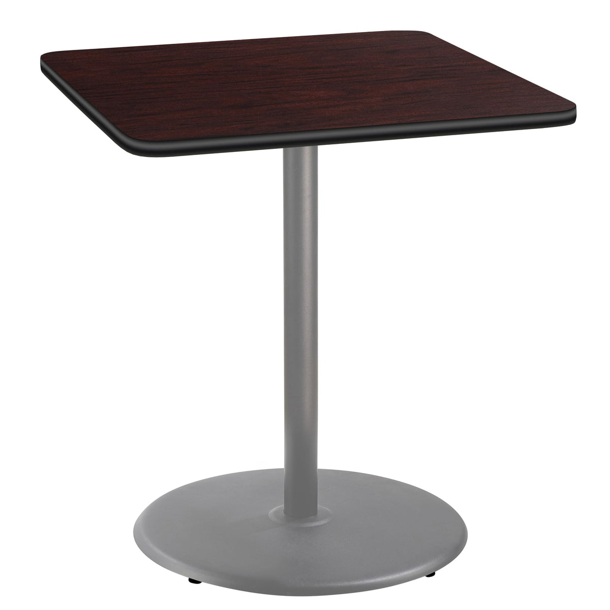 National Public Seating NPS 36&quot; Square Cafe Table with Round Base, 42&quot; Height, Particleboard Core/T-Mold, Mahogany Top, Grey Frame