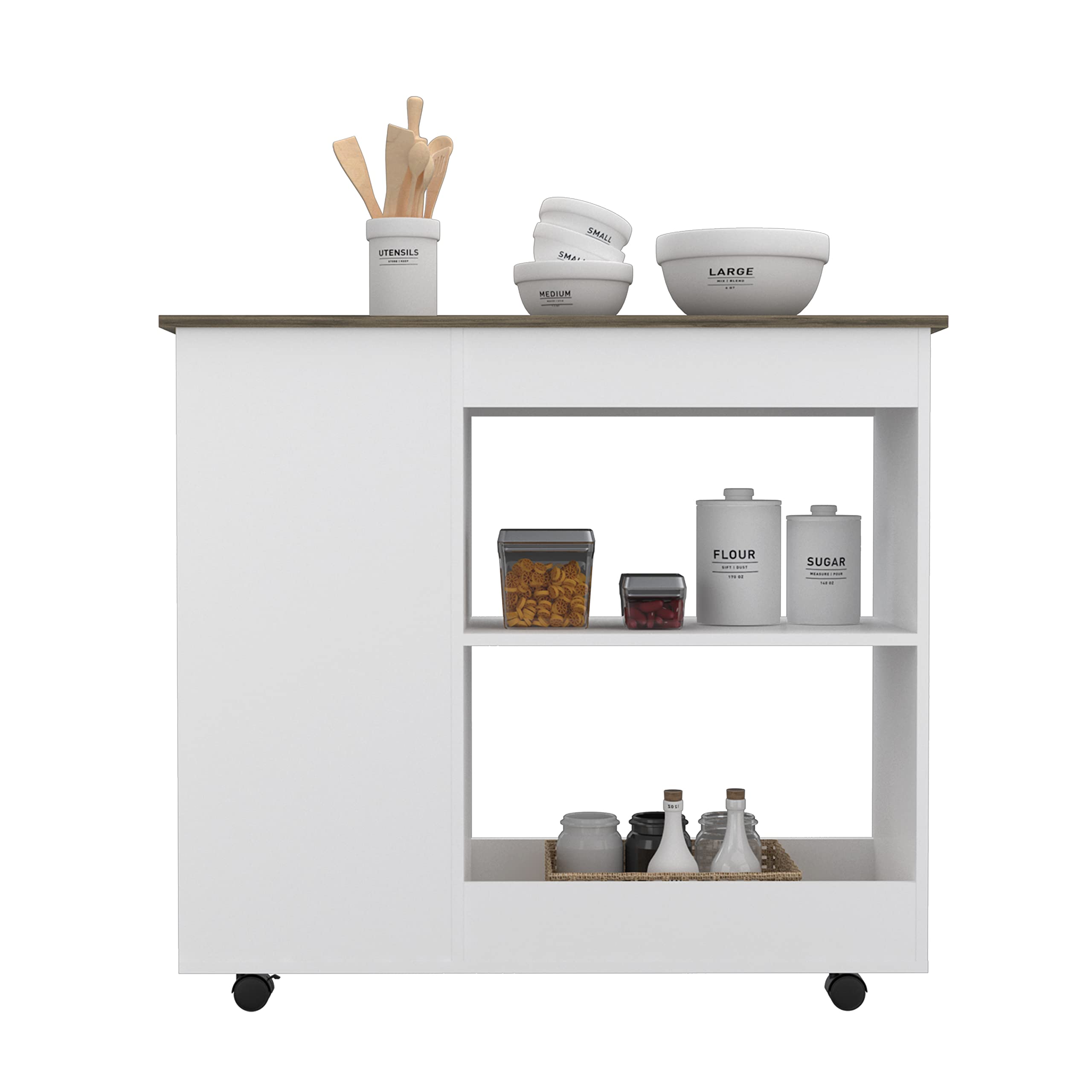 Petal Kitchen Cart with Caster Wheels and 5 Shelves, in White/Dark Brown
