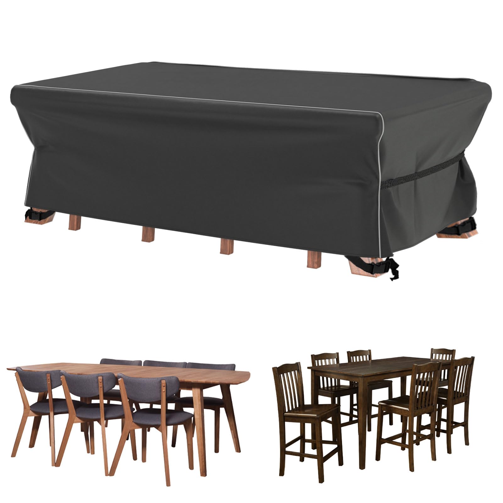 Velway Patio Furniture Set Cover - Heavy Duty 420D Waterproof Weatherproof Outdoor 6Ft Dining Table Coffee Table Chair Covers With Reflective Tape Rectangular 74'L X 47'W X 28'H - Black