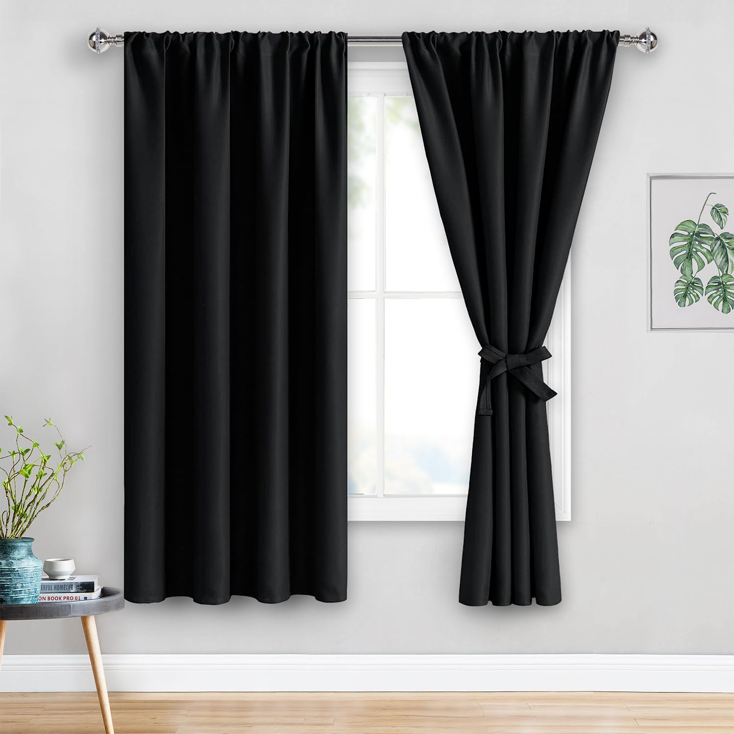 Jiuzhen Blackout Curtains For Bedroom– Thermal Insulated,Noise Reducing Room Darkening Rod Pocket Curtains For Living Room, Set Of 2 Panels With Tiebacks, 42 X 63 Inch Long, Black