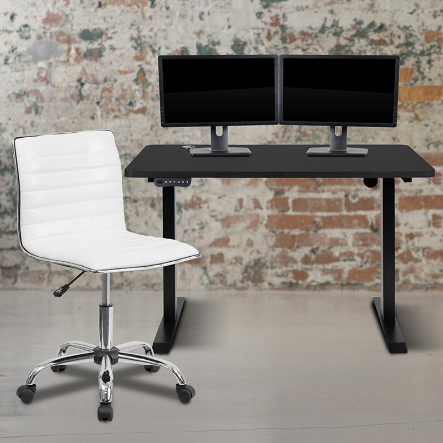 Flash Furniture Park 48" Wide Black Electric Height Adjustable Standing Desk with Designer Armless White Ribbed Swivel Task Office Chair