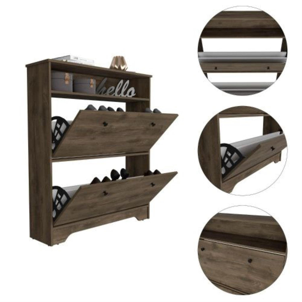 Shoe Rack 46&Quot; H, 1 Open Storage Shelf, 2 Internal Storage Drawers, 2 Doors, Dark Brown