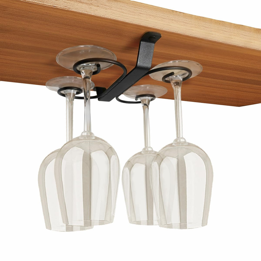 GeLive 9-inch Under Cabinet Wine Glass Holder Stemware Rack Glass Storage Hanger With 4 Hooks Organizer for Kitchen Bar RV (Blac