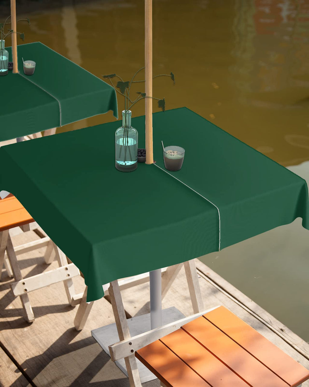 Queenker Sea Green Outdoor Tablecloth With Umbrella Hole And Zipper, Solid Color Table Cover For Square Tables Waterproof Tablet
