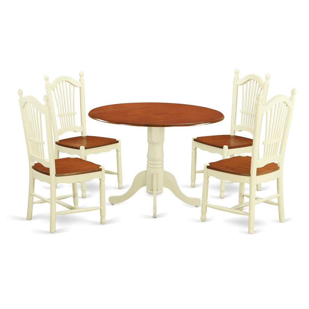 East West Furniture DLDO5-BMK-W Dublin 5 Piece Kitchen Set for 4 Includes a Round Room Table with Dropleaf and 4 Dining Chairs, 42x42 Inch, Buttermilk & Cherry