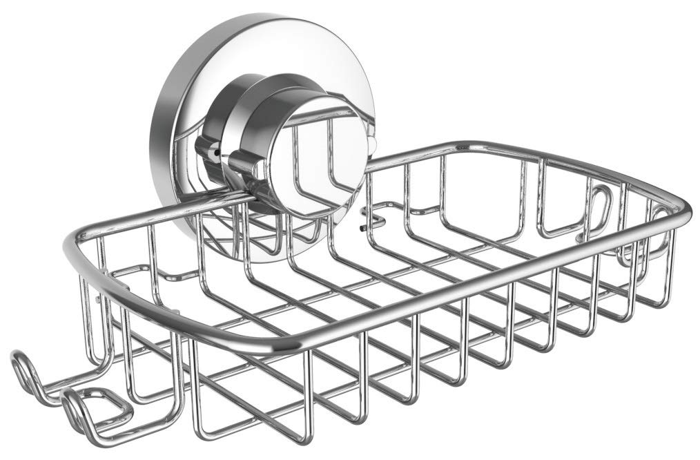Soap Dish for Shower Suction Cup Powerful Vacuum System Rustproof 304 Stainless Steel Basket Sponges Holder with Razor Hooks for