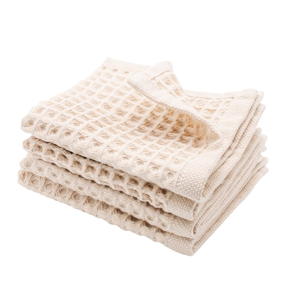 sea me at home Waffle Washcloth Set, 100% Cotton (4 Pcs Washcloth 13x13 inches, Beige)