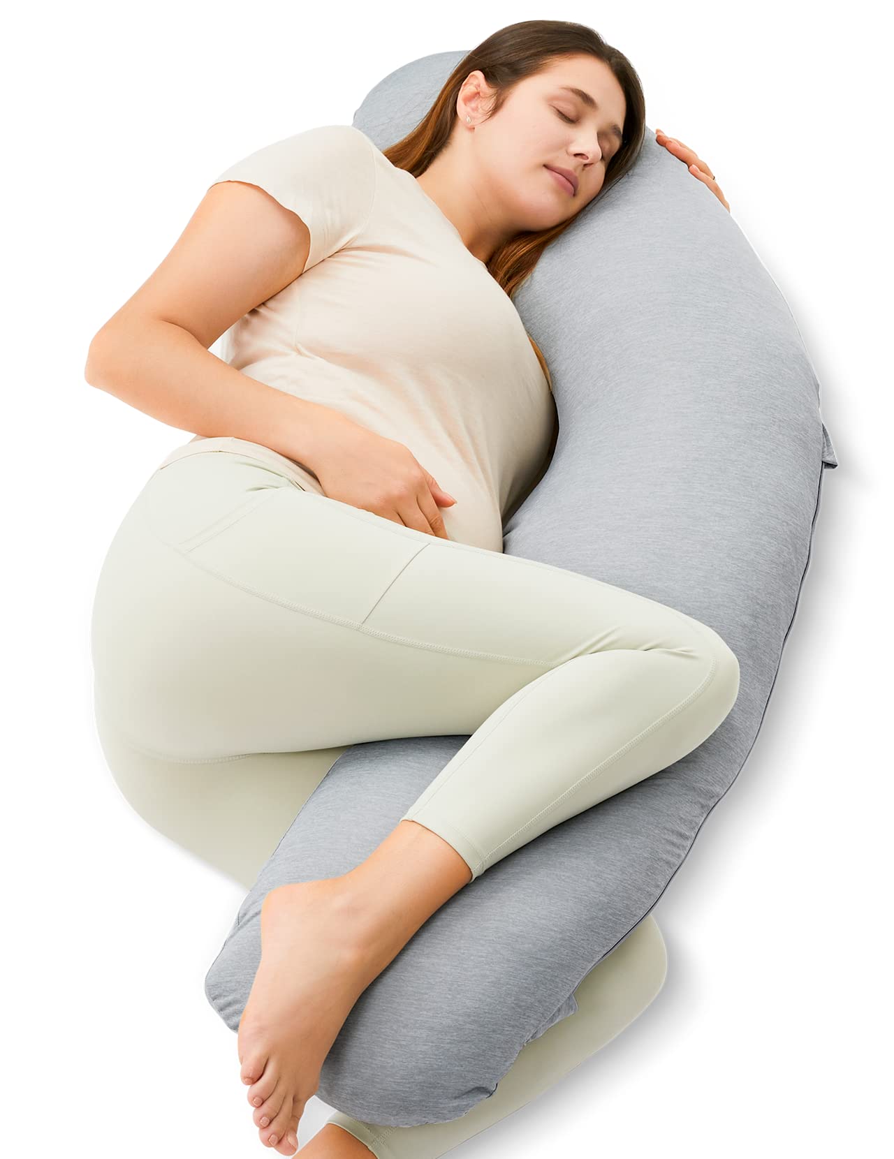 Momcozy J-Shaped Pregnancy Pillow For Sleeping With Cooling Cover - Maternity Body Pillow For Pregnant Women, Side Sleeper Suppo