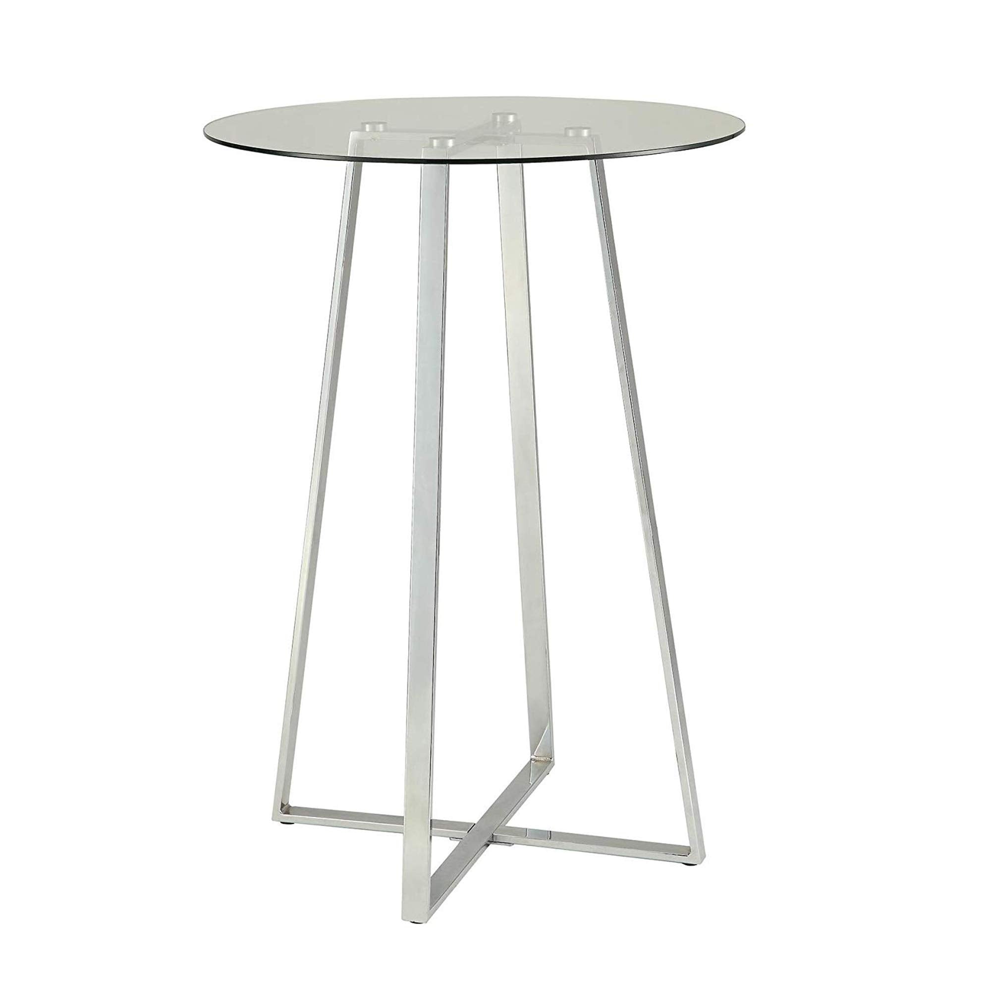 Benjara Round Glass Top Metal Frame Bar Table With Angled Legs, Silver