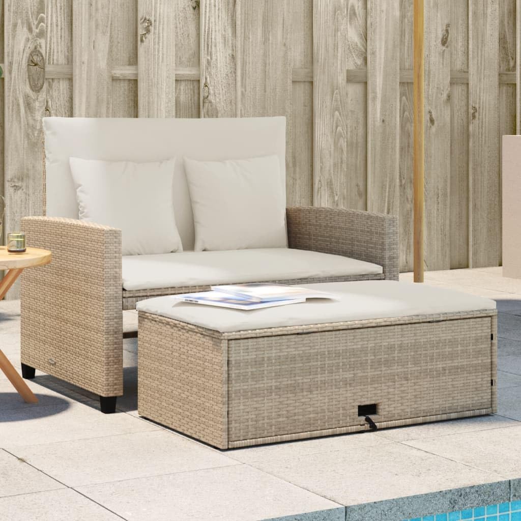 vidaXL 2-Seater Patio Sofa Bench - PE Rattan, Beige, Sofa Bed with Footstool Storage, Cushions with Removable Covers