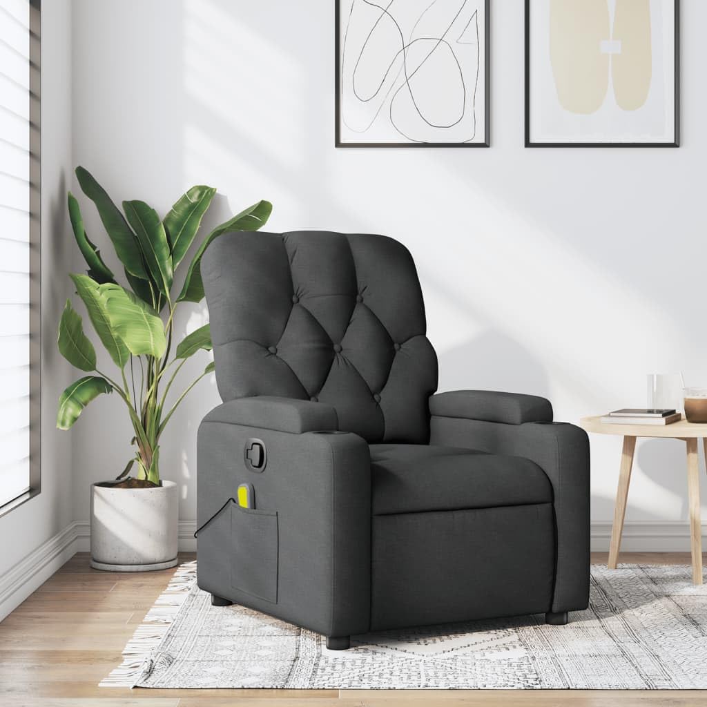 vidaXL Massage Recliner Chair - Dark Gray Fabric Lounger with 6-Point Vibration Massage, Manual Reclining Handle, Cup Holders and Side Pocket, Comfort Padded Seat for Living Room