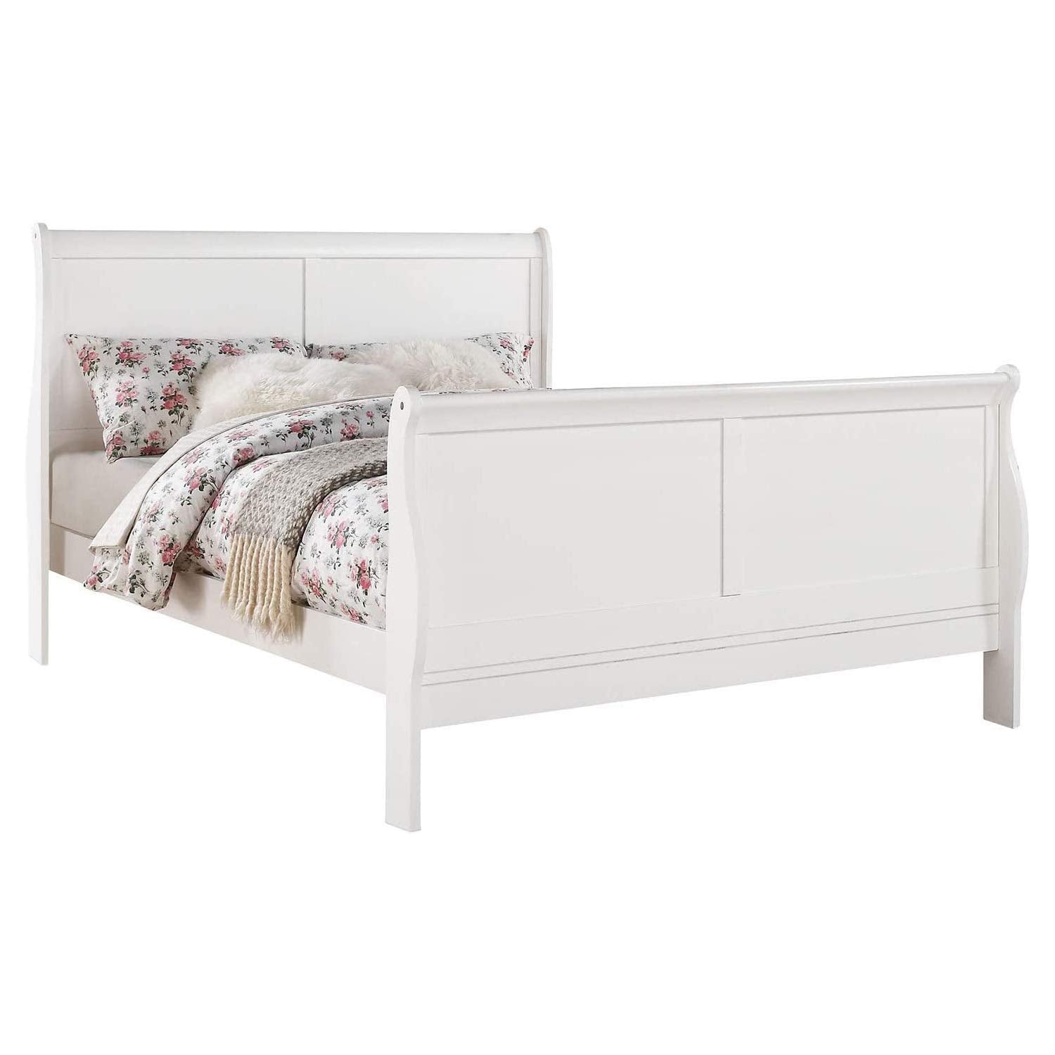 Benjara Twin Transitional Panel Design Sleigh Size Bed, White