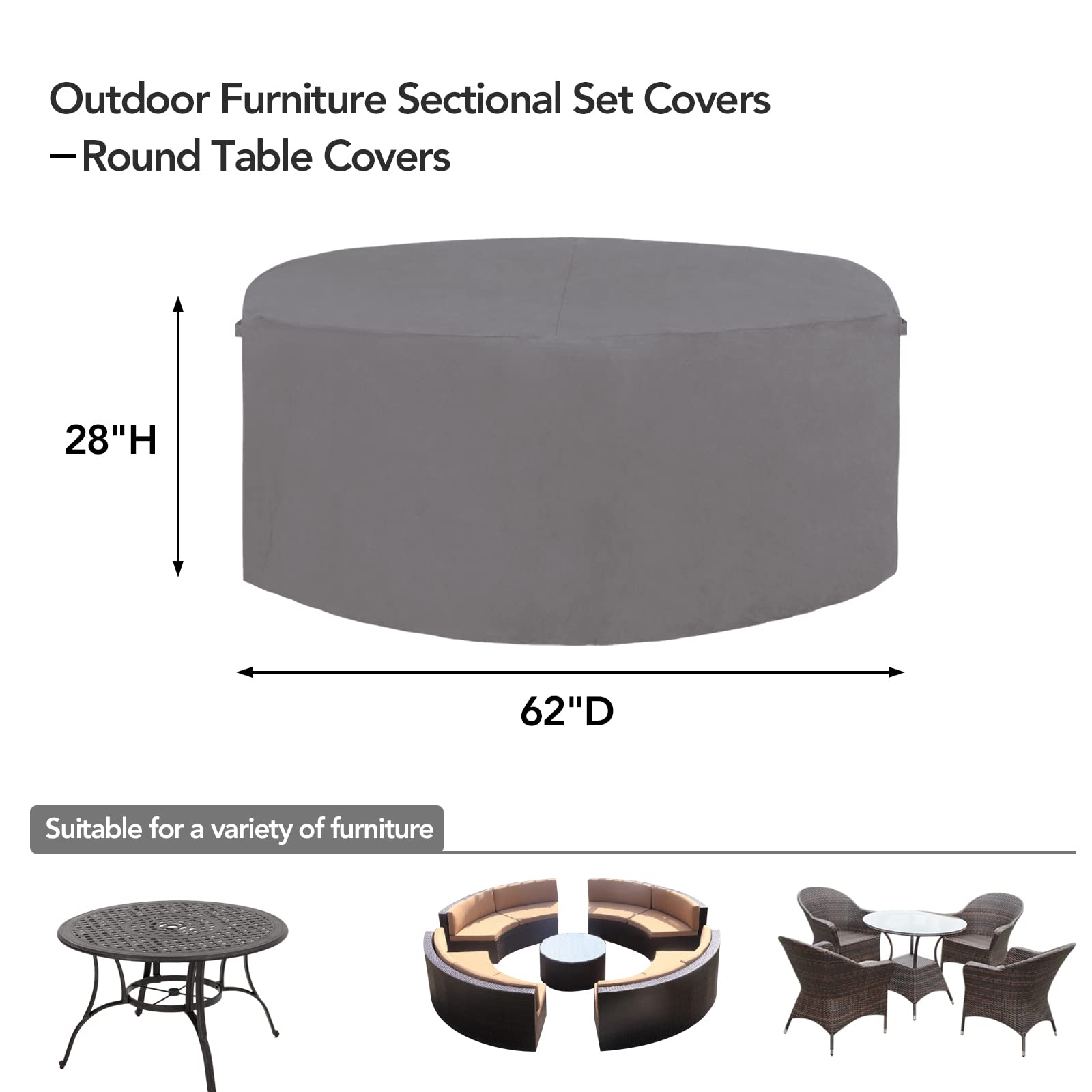 Easy-Going 600D Heavy Duty Round Patio Furniture Cover, Outdoor Table And Chair Set Cover, Waterproof Outdoor Sectional Furniture Set Cover (62'Diax 28'H, Grey)