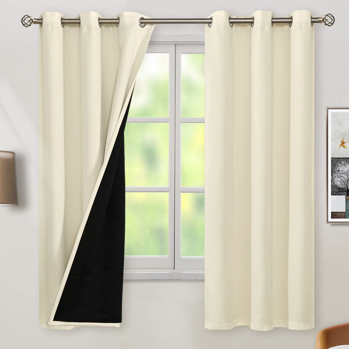 Bgment Cream 100% Blackout Curtains For Bedroom 63 Inch Length 2 Panels Set, Thermal Insulated Full Light Blocking Grommet Noise