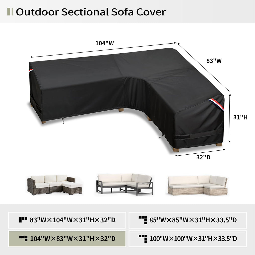 Kylinlucky Patio Sectional Sofa Cover L-Shaped,104'X 83' Waterproof Outdoor Sectional Couch Cover Black