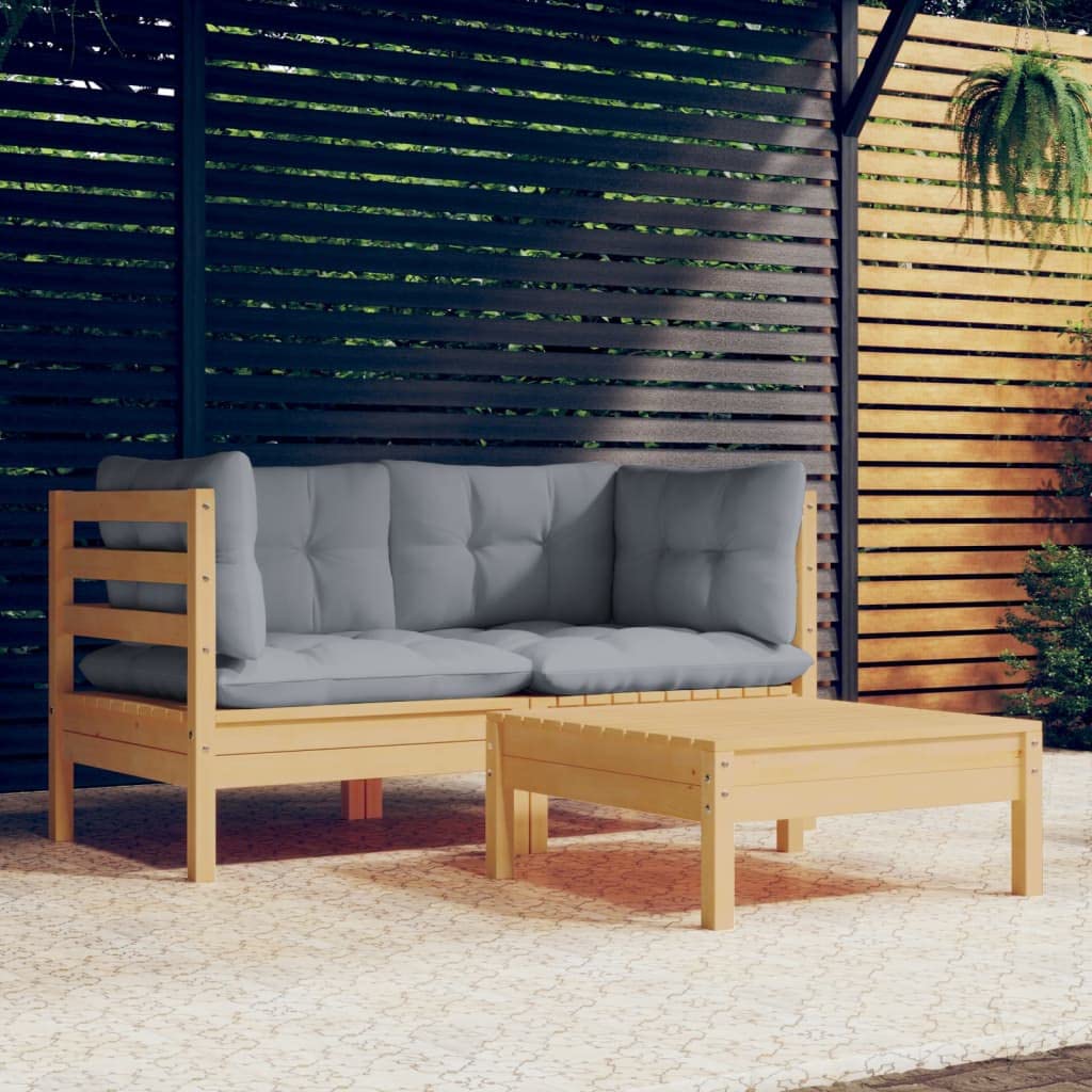 vidaXL Solid Pinewood Patio Lounge Set 3 Piece with Gray Cushions Garden Outdoor Lawn Yard Terrace Balcony Wooden Seat Seating Furniture