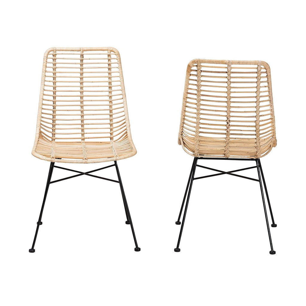 Baxton Studio Manhattan Modern Bohemian Natural Brown Rattan and Black Metal 2-Piece Dining Chair Set