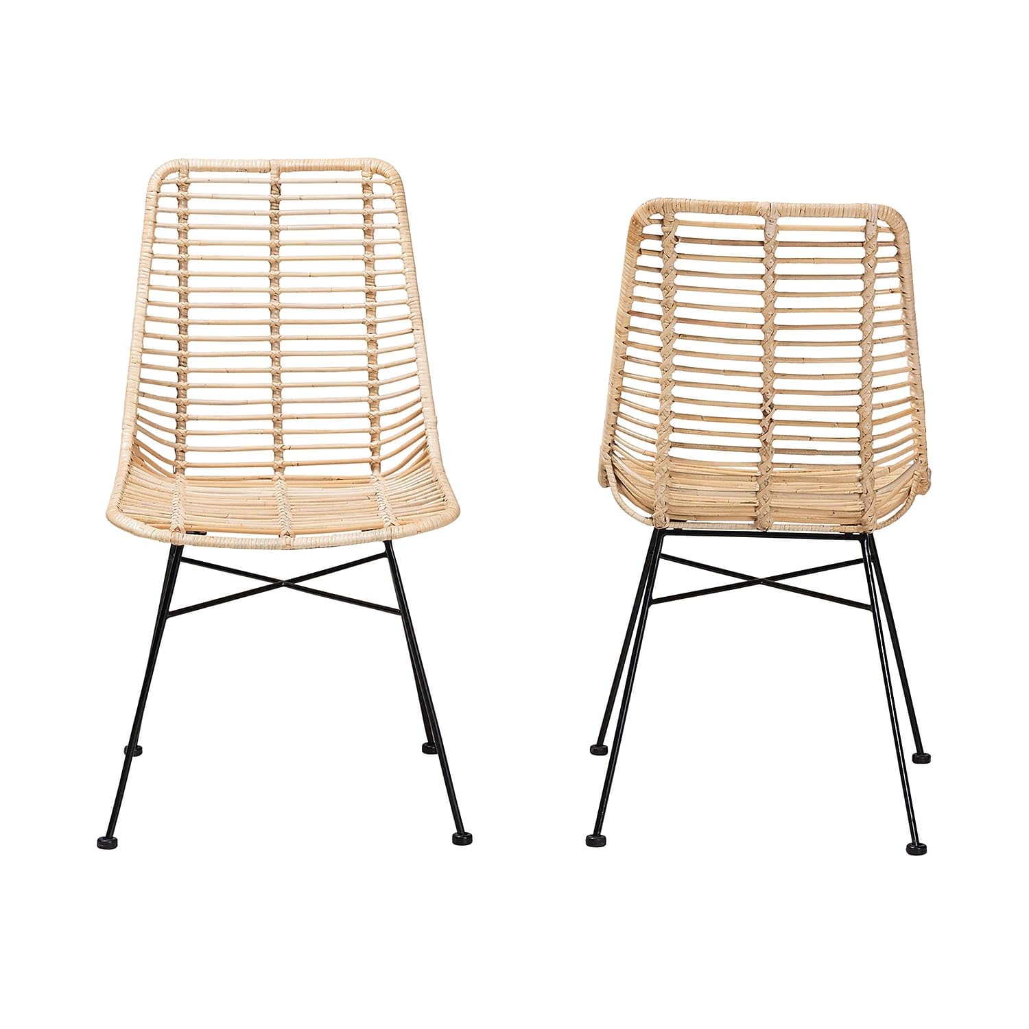 Baxton Studio Manhattan Modern Bohemian Natural Brown Rattan and Black Metal 2-Piece Dining Chair Set