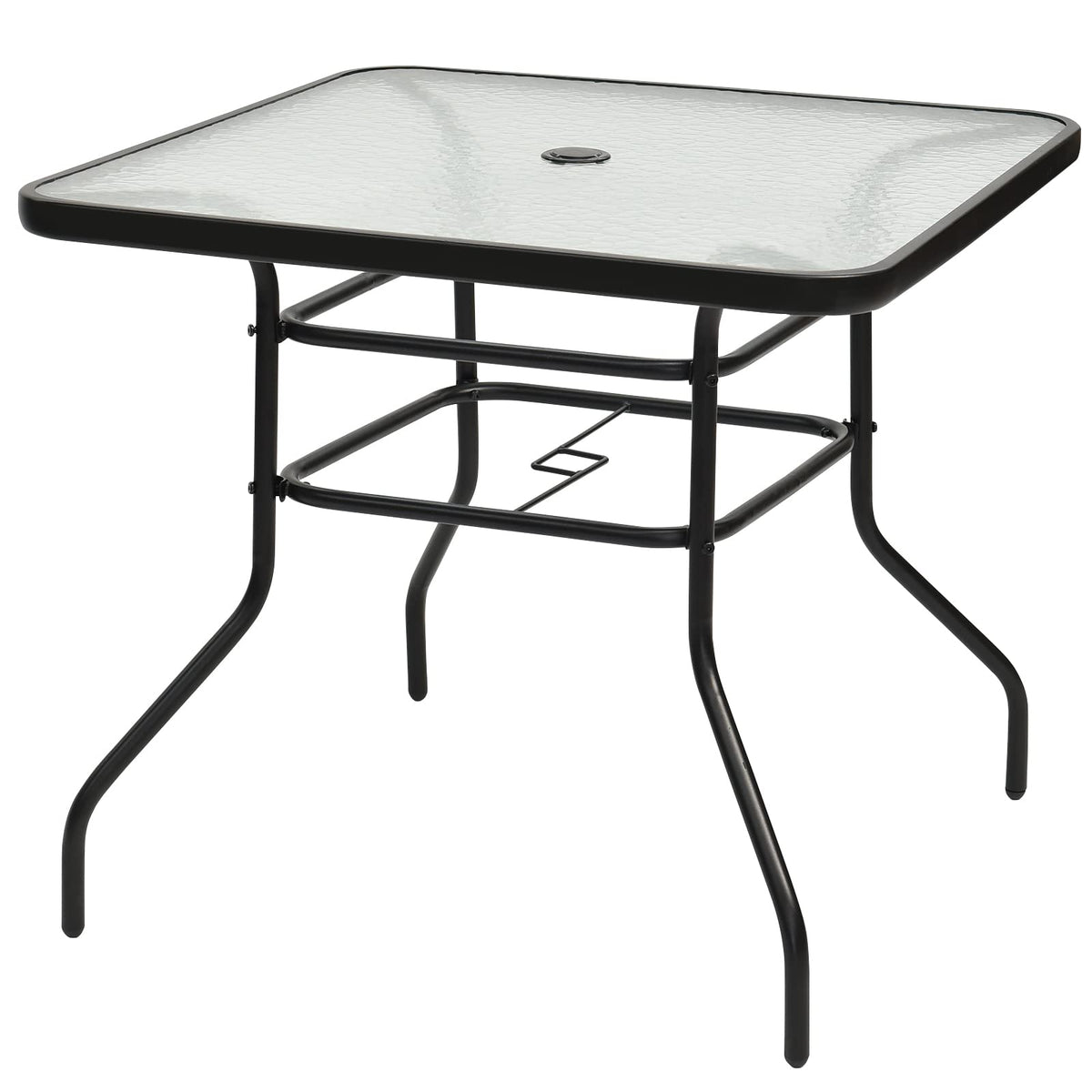 Kotek 32'' Patio Table With Umbrella Hole, Outdoor Bistro Table W/Tempered Glass Top & Sturdy Metal Frame, Square Patio Dining Table Coffee Table For Garden, Balcony, Poolside