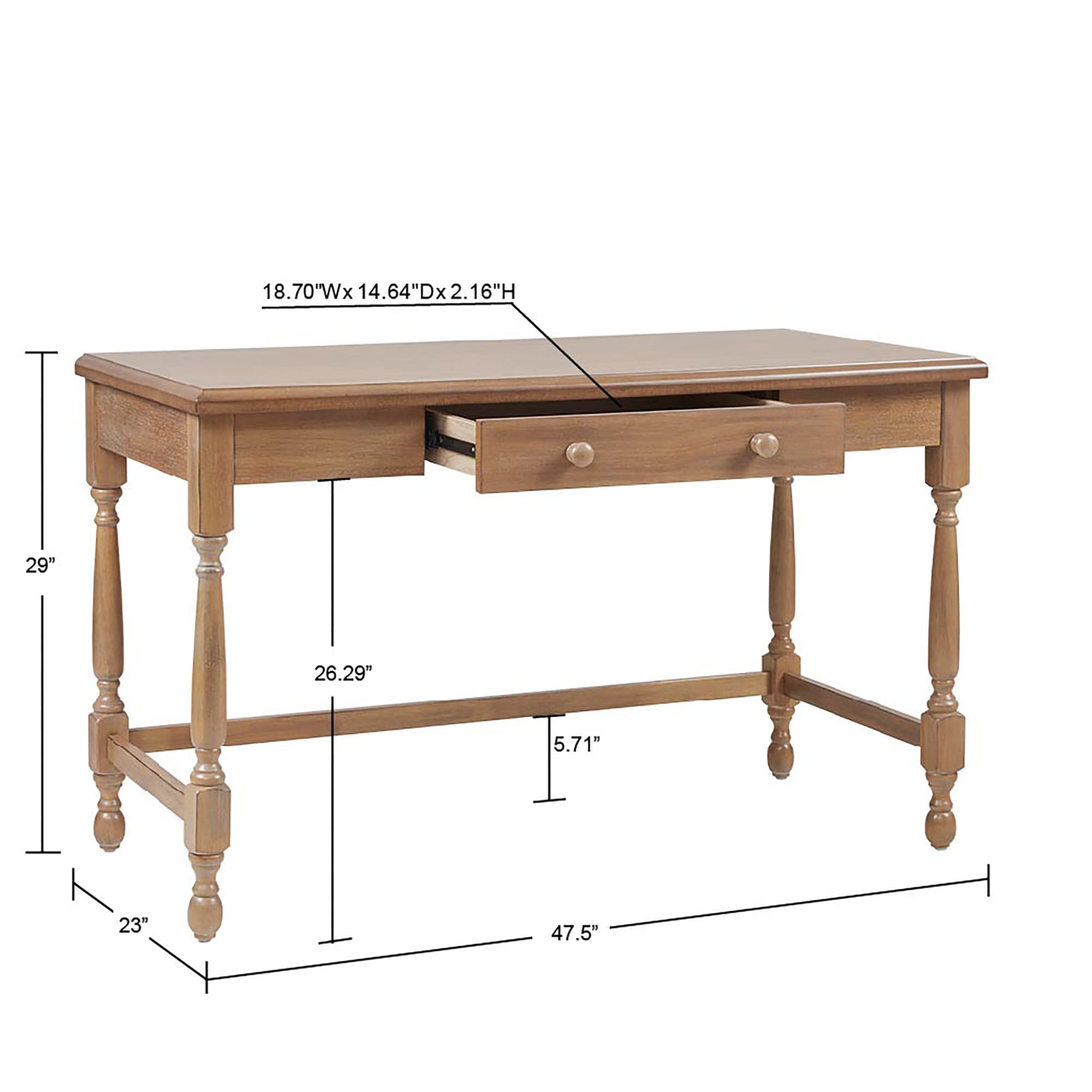 Martha Stewart Tabitha Solid Wood Writing Table With Metal Glides Drawer For Storage, Living Room Furniture, Home Office Small Computer Desk, Turned Legs, Natural