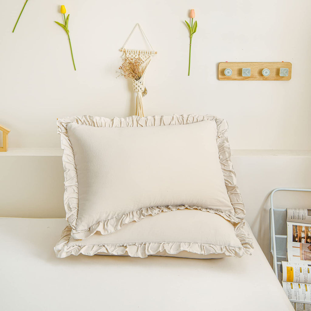 Cream Pillowcases King Pillowcases Ruffled Pillow Shams Set Of 2 Cute Pillowcases Solid Ruffled Fringe Design Beige Grey Shabby