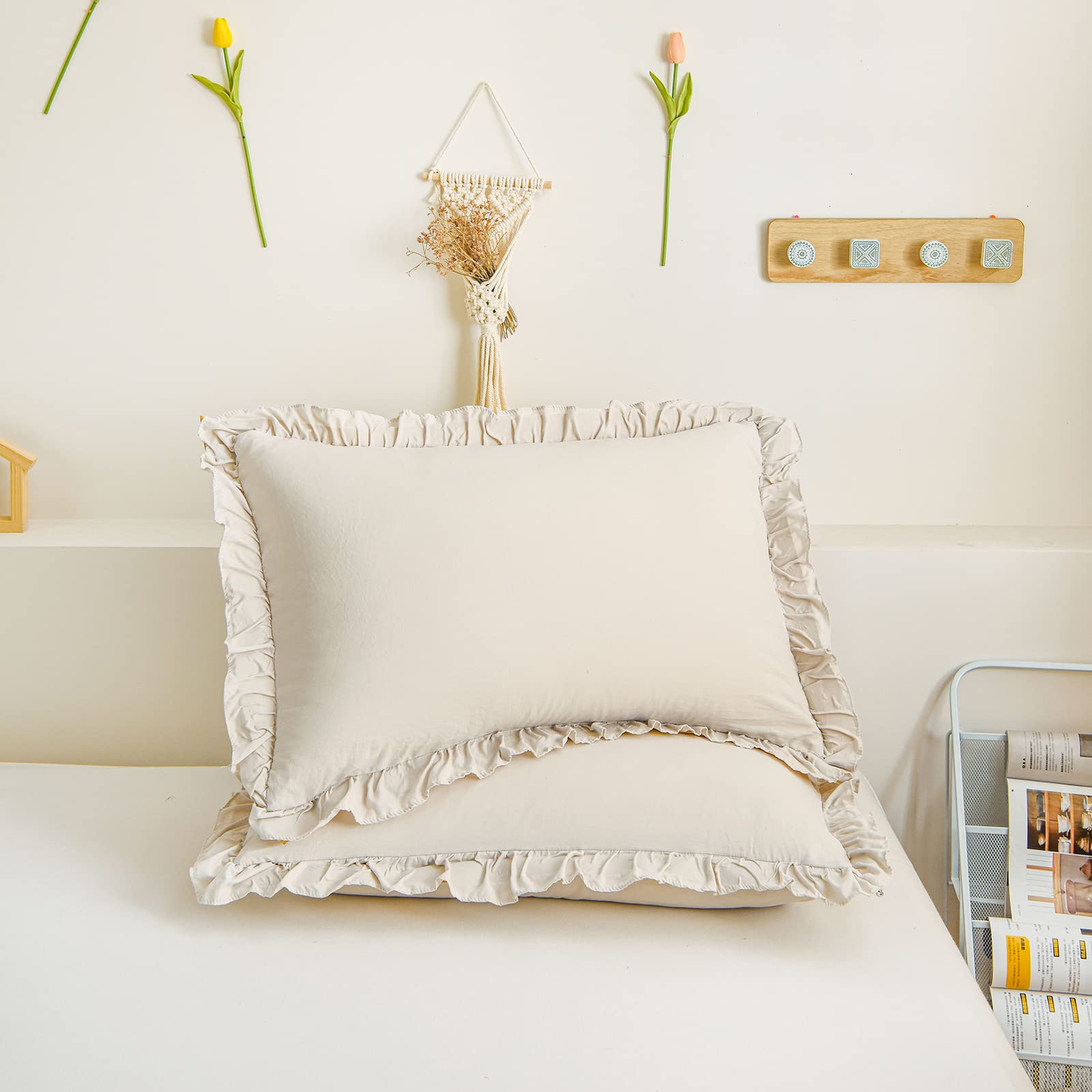 Cream Pillowcases King Pillowcases Ruffled Pillow Shams Set Of 2 Cute Pillowcases Solid Ruffled Fringe Design Beige Grey Shabby