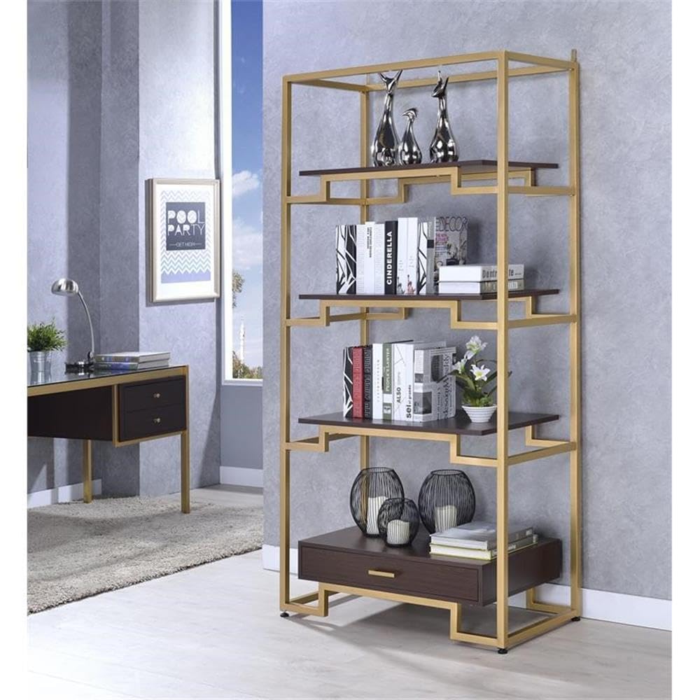 Acme Yumia Wooden Tiers Etagere Bookshelf in Gold and Clear Glass