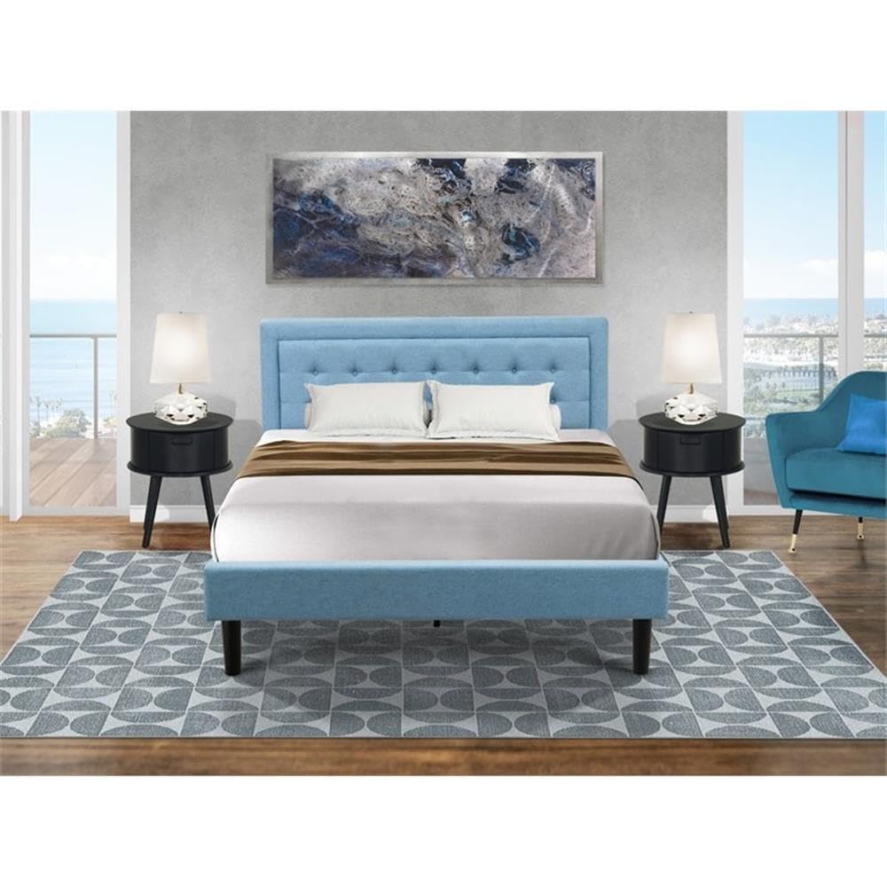 East West Furniture FN11Q-2GO15 3-Piece Platform Bed Set with 1 Mid Century Bed and 2 Small Nightstands - Reliable and Durable Manufacturing - Denim Blue Linen Fabric