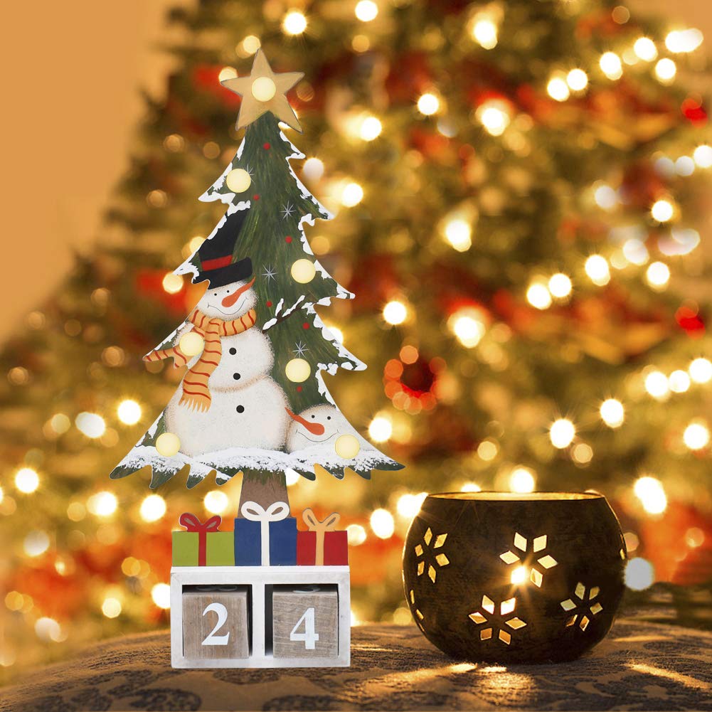 E-View Christmas Advent Calendar Wooden Xmas Tree Tabletop Decor With Lights, Rustic Countdown With Number Blocks Wood Santa Sno