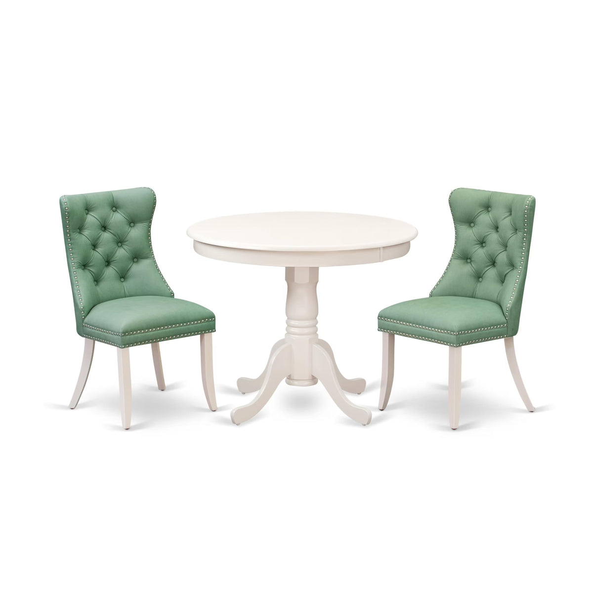East West Furniture Anda3-Lwh-22 3 Piece Dining Room Set Includes A Round Kitchen Table With Pedestal And 2 Upholstered Chairs, Linen White