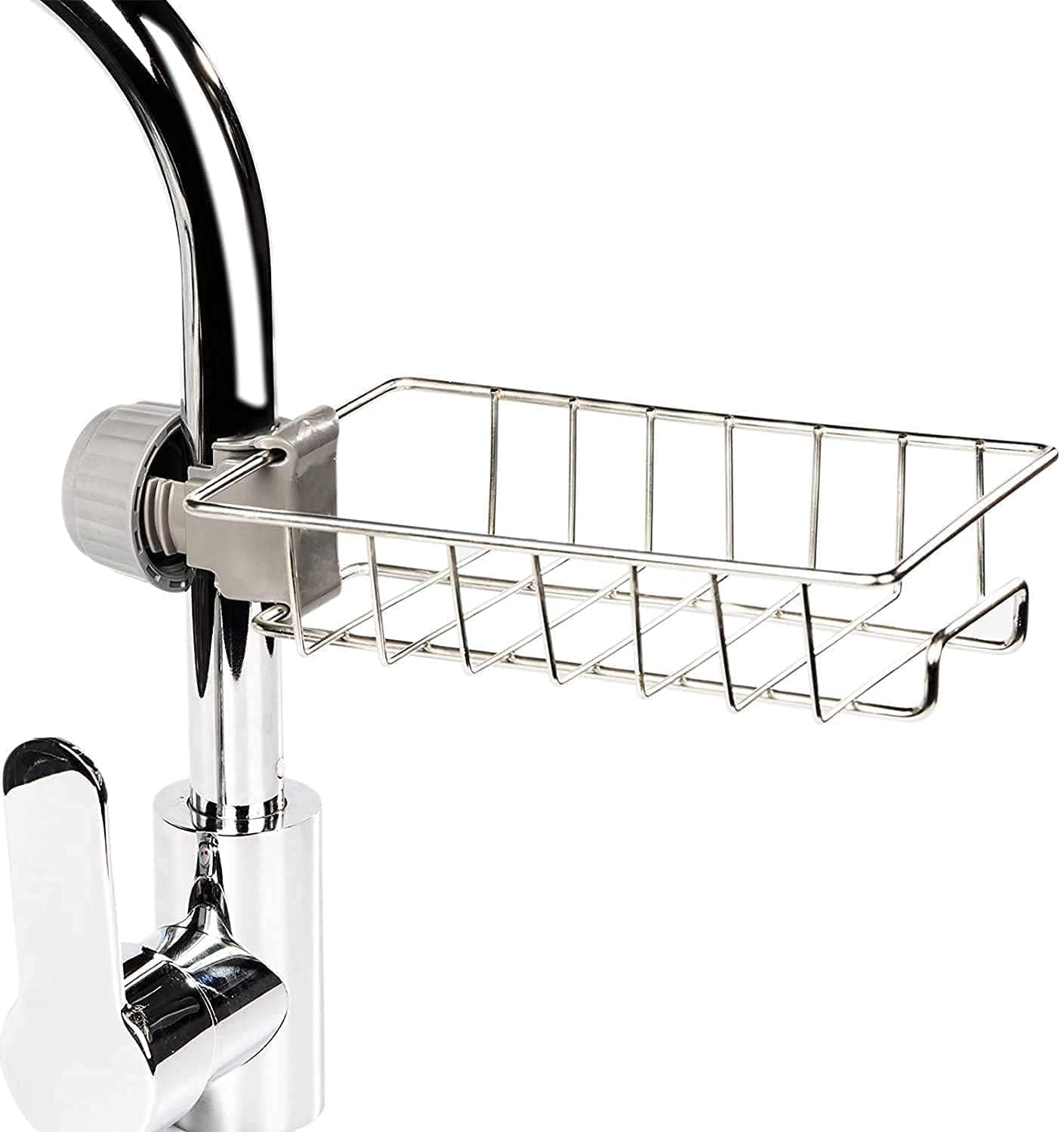 Knh Mart Kitchen Sink Sponge Holder Over Faucet Stainless Steel Caddy | Adjustable Tap Clamp Organizer Rack | Drain Shelf For So