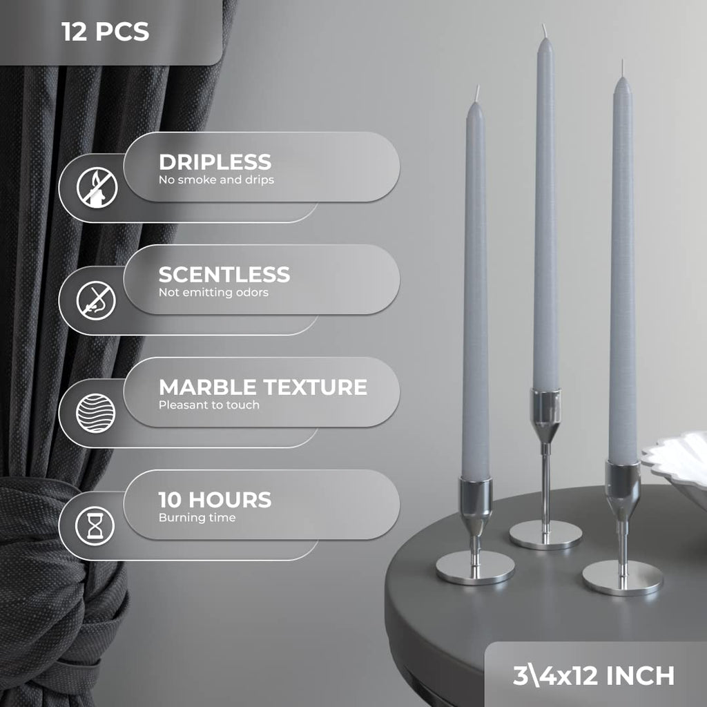 Candwax 12 Inch Taper Candles Set Of 12 - Dripless And Smokeless Candle Unscented - Slow Burning Candle Sticks - Light Gray Cand