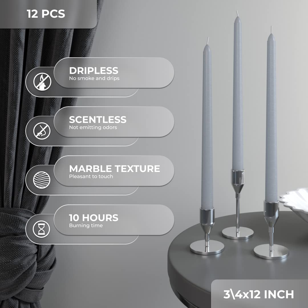 Candwax 12 Inch Taper Candles Set Of 12 - Dripless And Smokeless Candle Unscented - Slow Burning Candle Sticks - Light Gray Cand