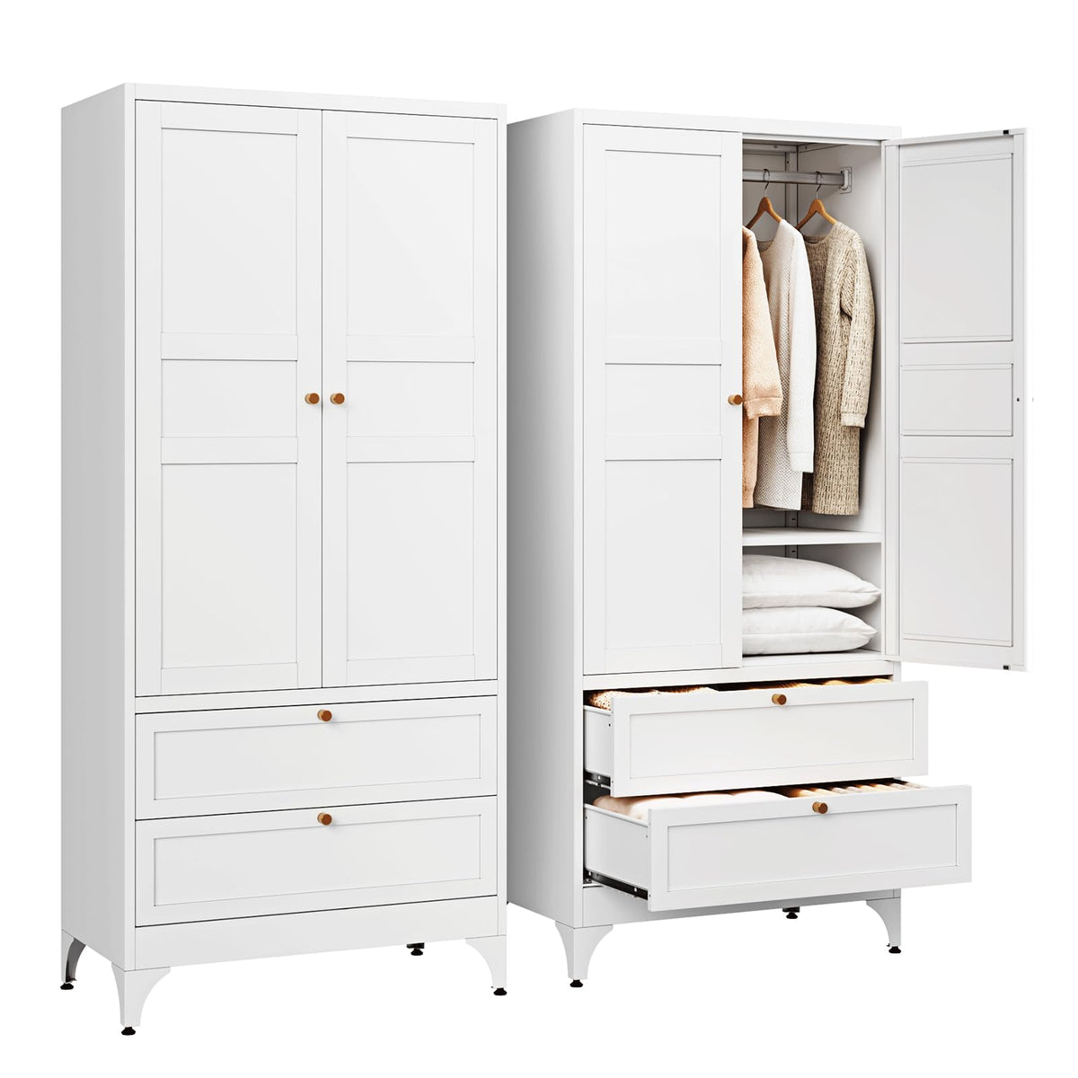 Letaya Metal Armoire Wardrobe Closet with Drawers,Clothing Storage Cabinet with Doors and Shelves,Coat Closet with Hanging Rod,B