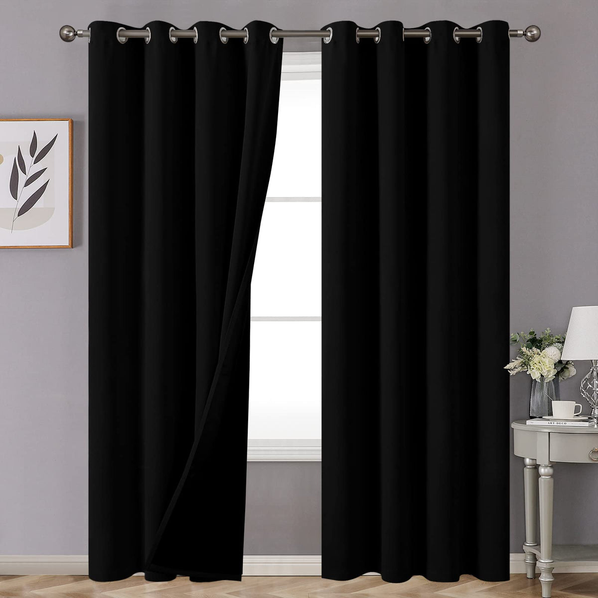 Youngstex 100% Blackout Curtains For Living Room 84 Inches Length, 2 Thick Layers Grommet Full Light Blocking Bedroom Curtains W