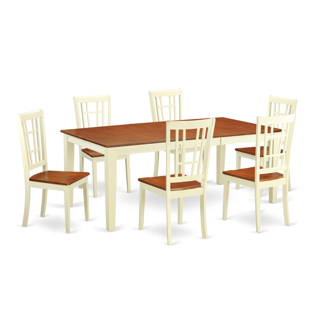 East West Furniture QUNI7-WHI-W 7 Piece Kitchen Table Set Consist of a Rectangle Dining Table with Butterfly Leaf and 6 Dining Chairs, 40x78 Inch, Buttermilk & Cherry