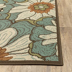 HomeRoots Polypropylene 8’ Round Blue and Brown Floral Indoor Outdoor Area Rug