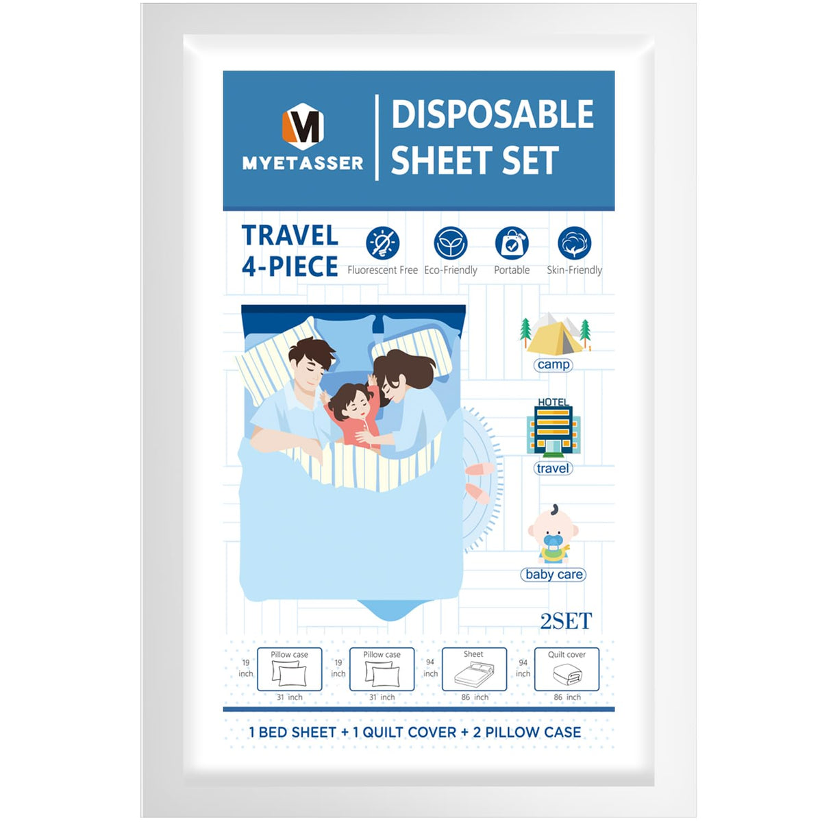 Myetasser Disposable Sheet Set Bedding Set For Hotel Kingsize, With Sheet Quilt Cover And 2 Pillowcase, For Hotel/Travel/Home Vi
