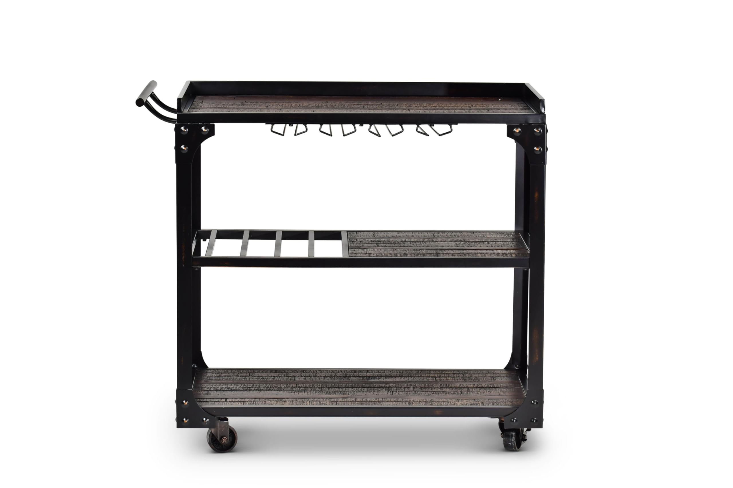 Steve Silver Furniture Sherlock Bar Cart Server, 3-Tier, Industrial Accent Design, Distressed Dark Charcoal Finish, Rustic Styling, Bottle Rack, for Kitchen, Dining Room, 20" D x 40" W x 36" H, Black